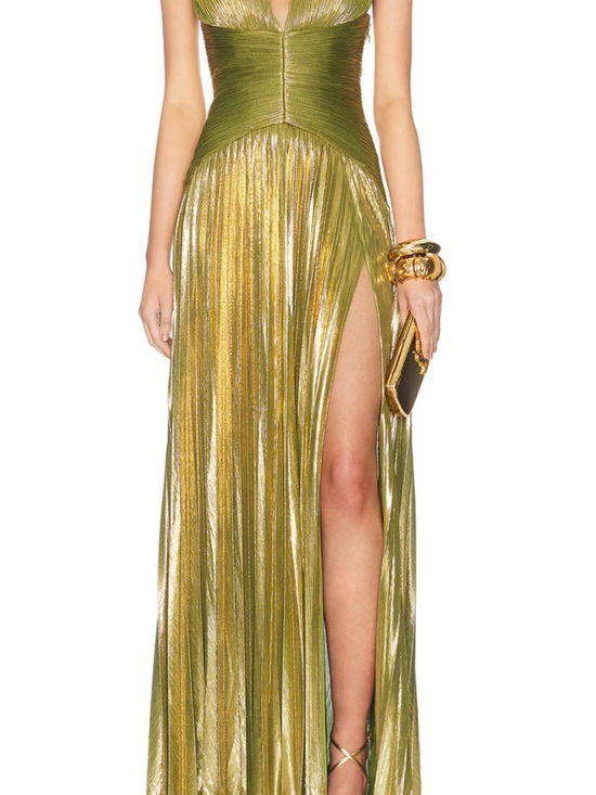 Retrofete Dresses & Skirts - Retrofete Green Metallic Pleated Maxi Dress with High Slit
